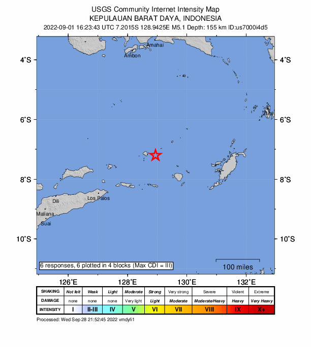 USGS DYFI community-reported intensity map for the M5.1 earthquake near 259 km NE of Lospalos, Timor Leste