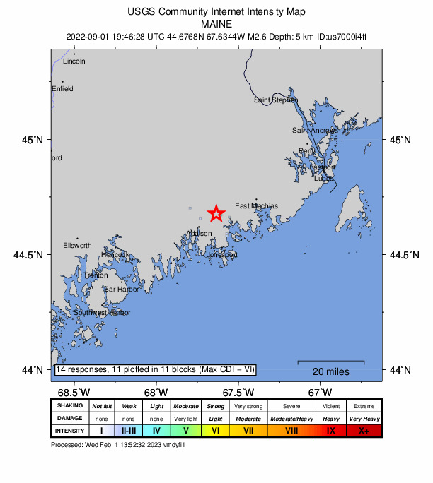 USGS DYFI community-reported intensity map for the M2.6 earthquake near 4 km SE of Centerville, Maine