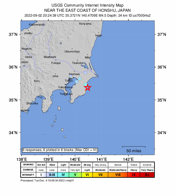 USGS DYFI community-reported intensity map for the M4.5 earthquake near 15 km NNE of ?hara, Japan