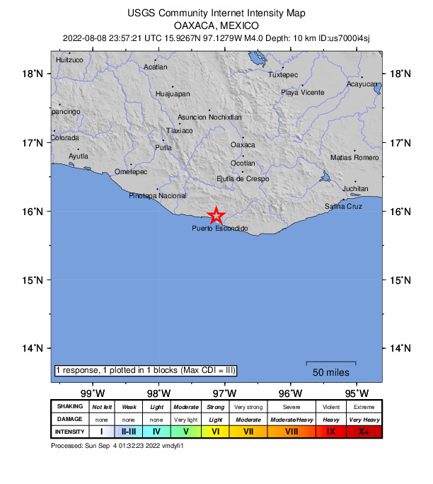 USGS DYFI community-reported intensity map for the M4.0 earthquake near 2 km WNW of Bajos de Chila, Mexico