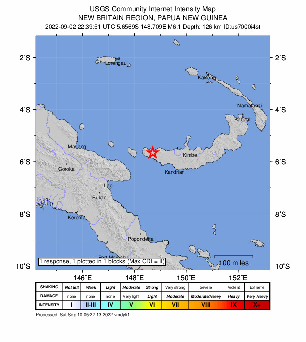 USGS DYFI community-reported intensity map for the M6.1 earthquake near 110 km WNW of Kandrian, Papua New Guinea