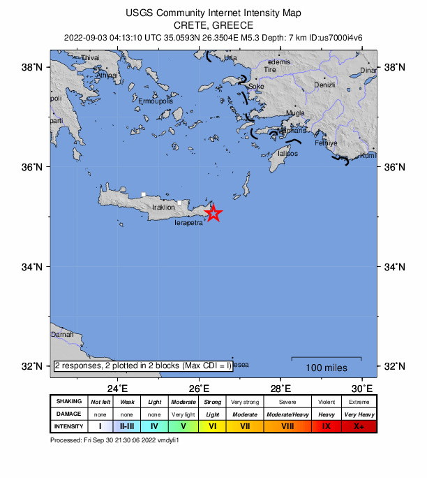 USGS DYFI community-reported intensity map for the M5.3 earthquake near 13 km SE of Palekastro, Greece