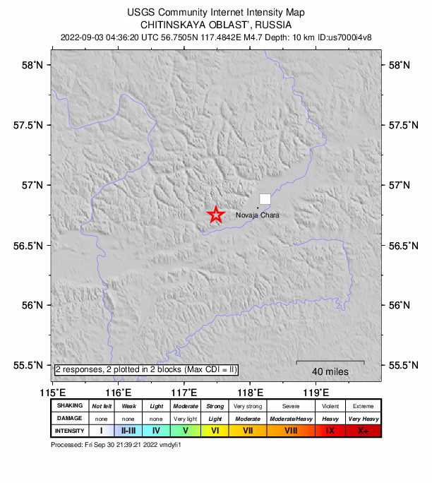 USGS DYFI community-reported intensity map for the M4.7 earthquake near 50 km W of Novaya Chara, Russia