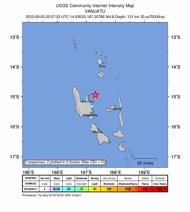 USGS DYFI community-reported intensity map for the M4.8 earthquake near 27 km ENE of Port-Olry, Vanuatu