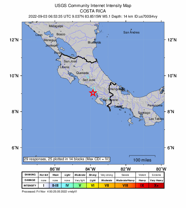 USGS DYFI community-reported intensity map for the M5.1 earthquake near 37 km WNW of Ciudad Cortés, Costa Rica