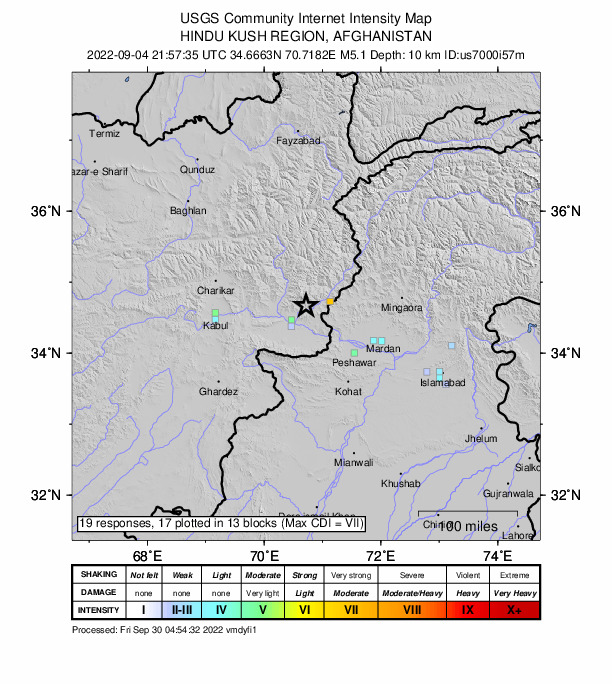 USGS DYFI community-reported intensity map for the M5.1 earthquake near 35 km NE of Jal?l?b?d, Afghanistan