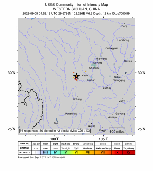 USGS DYFI community-reported intensity map for the M6.6 earthquake near 44 km SE of Kangding, China