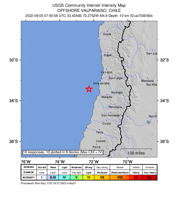 USGS DYFI community-reported intensity map for the M4.9 earthquake near 59 km WNW of Cartagena, Chile