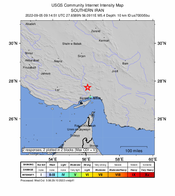 USGS DYFI community-reported intensity map for the M5.1 earthquake near 55 km NNW of Bandar Abbas, Iran