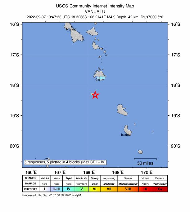 USGS DYFI community-reported intensity map for the M4.9 earthquake near 66 km S of Port-Vila, Vanuatu