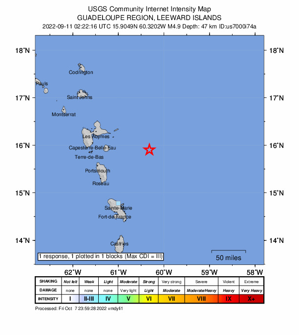 USGS DYFI community-reported intensity map for the M4.9 earthquake near 92 km ESE of Beauséjour, Guadeloupe