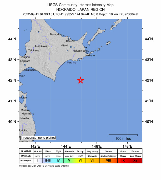 USGS DYFI community-reported intensity map for the M5.0 earthquake near 118 km SSE of Kushiro, Japan