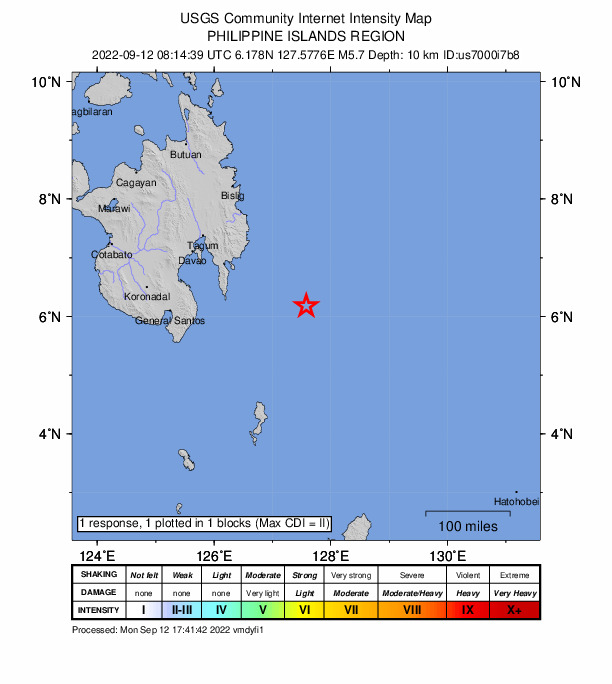 USGS DYFI community-reported intensity map for the M5.7 earthquake near 160 km E of Pondaguitan, Philippines