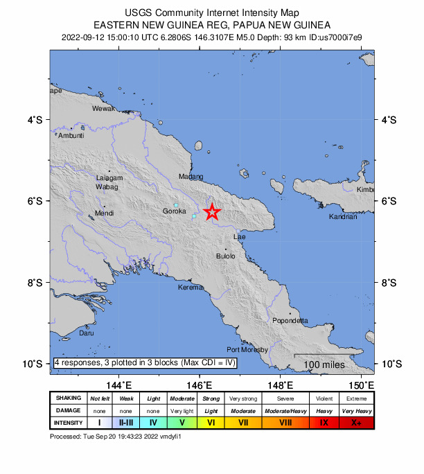 USGS DYFI community-reported intensity map for the M5.0 earthquake near eastern New Guinea region, Papua New Guinea
