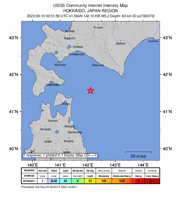 USGS DYFI community-reported intensity map for the M5.2 earthquake near 79 km ENE of Mutsu, Japan