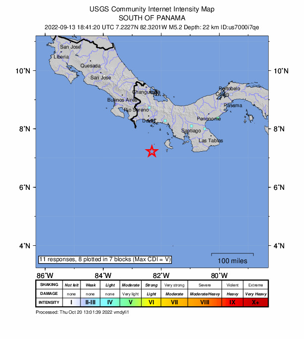 USGS DYFI community-reported intensity map for the M5.2 earthquake near 108 km SE of Burica, Panama