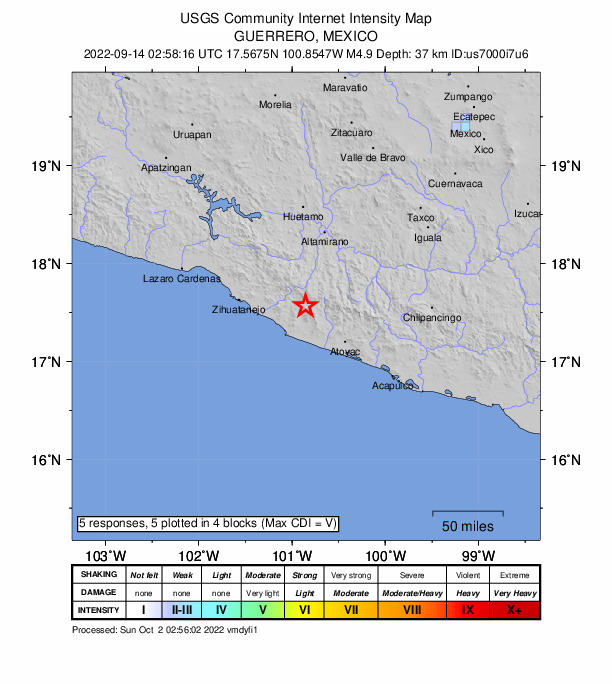USGS DYFI community-reported intensity map for the M4.9 earthquake near 30 km NE of Coyuquilla Norte, Mexico