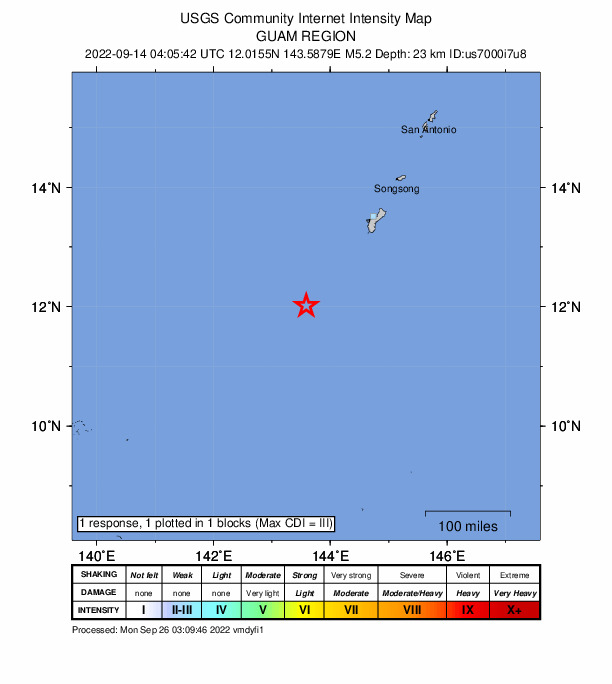 USGS DYFI community-reported intensity map for the M5.2 earthquake near 181 km SW of Merizo Village, Guam