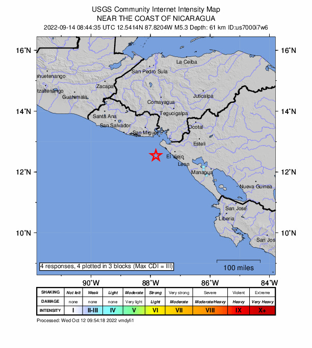 USGS DYFI community-reported intensity map for the M5.3 earthquake near 45 km WSW of Jiquilillo, Nicaragua