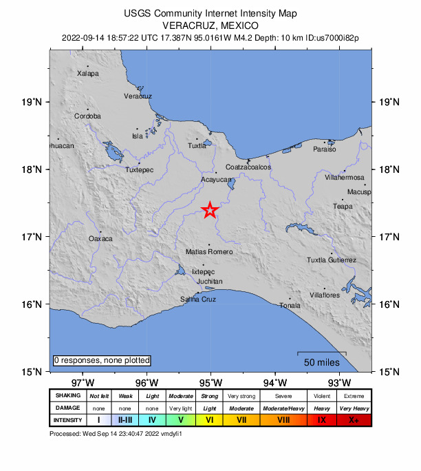 USGS DYFI community-reported intensity map for the M4.2 earthquake near 8 km WSW of Suchilapan del Río, Mexico
