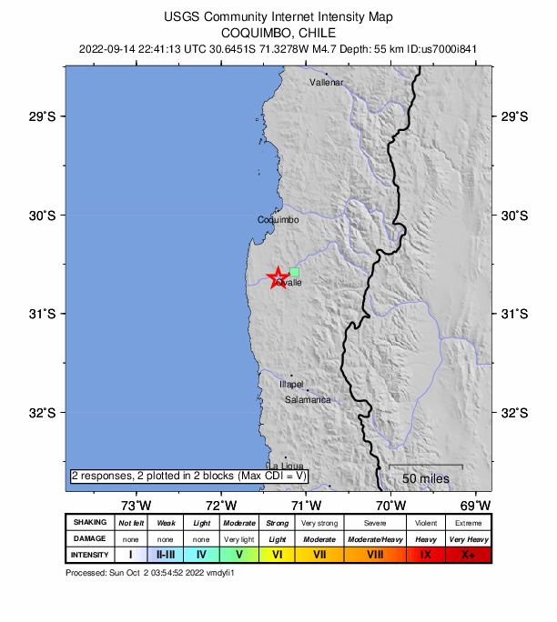 USGS DYFI community-reported intensity map for the M4.7 earthquake near 13 km WSW of Ovalle, Chile