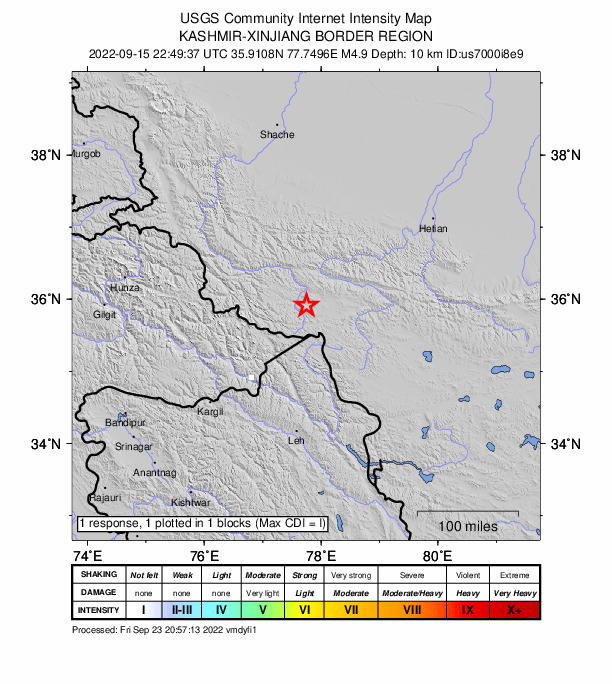 USGS DYFI community-reported intensity map for the M4.9 earthquake near 139 km NE of Thang, India
