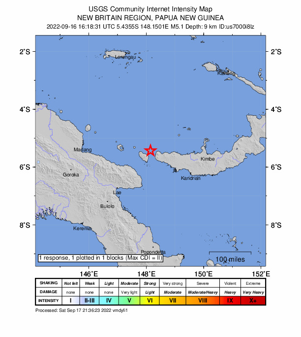 USGS DYFI community-reported intensity map for the M5.1 earthquake near 126 km NNE of Finschhafen, Papua New Guinea