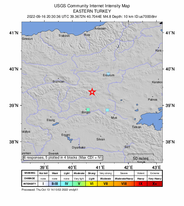 USGS DYFI community-reported intensity map for the M4.8 earthquake near 16 km ESE of Yedisu, Turkey