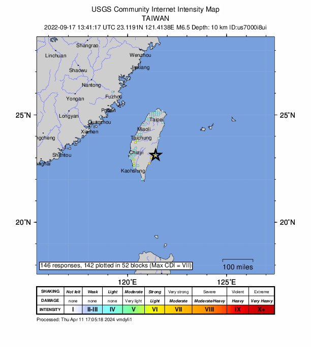 USGS DYFI community-reported intensity map for the M6.5 earthquake near 96 km SE of Lugu, Taiwan