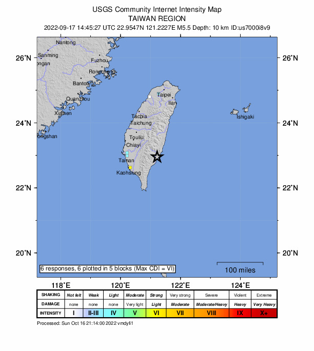 USGS DYFI community-reported intensity map for the M5.5 earthquake near Taiwan region