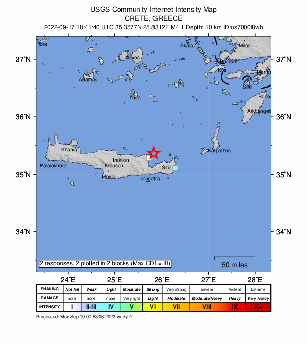 USGS DYFI community-reported intensity map for the M4.1 earthquake near 12 km NE of Eloúnda, Greece