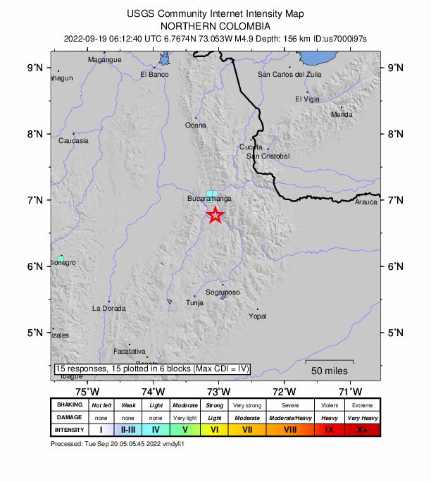 USGS DYFI community-reported intensity map for the M4.9 earthquake near 2 km ESE of Aratoca, Colombia
