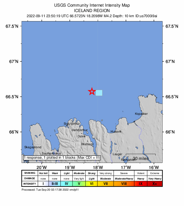 USGS DYFI community-reported intensity map for the M4.2 earthquake near Iceland region