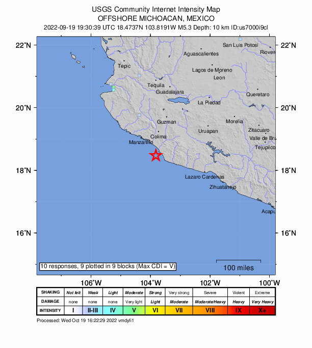 USGS DYFI community-reported intensity map for the M5.3 earthquake near 24 km WSW of La Placita de Morelos, Mexico