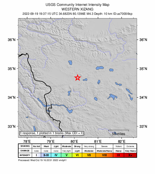 USGS DYFI community-reported intensity map for the M4.3 earthquake near 241 km ENE of Leh, India