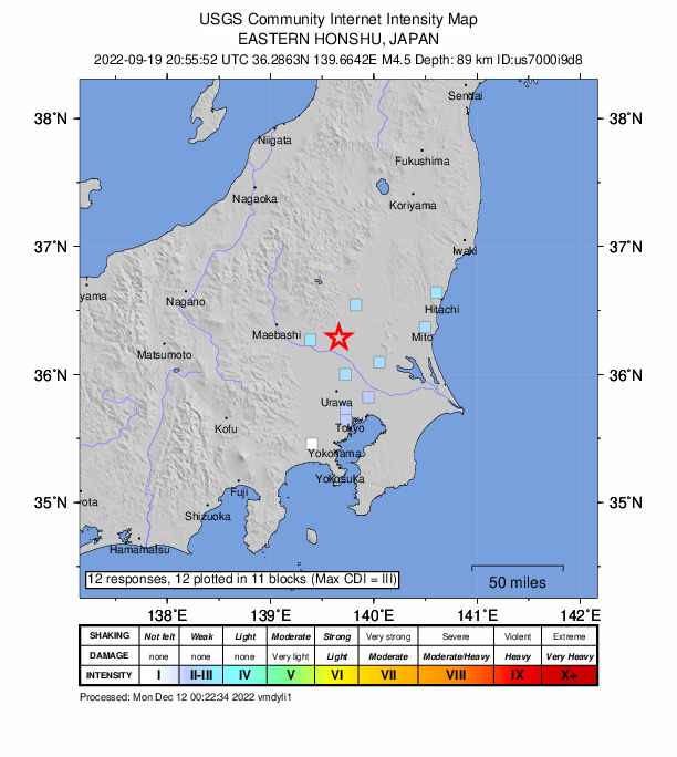 USGS DYFI community-reported intensity map for the M4.5 earthquake near 4 km NNE of Fujioka, Japan