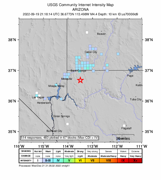 USGS DYFI community-reported intensity map for the M4.4 earthquake near 45 km ESE of Littlefield, Arizona
