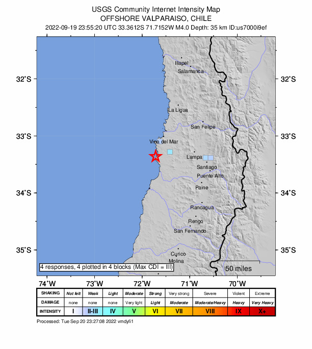 USGS DYFI community-reported intensity map for the M4.0 earthquake near near the coast of central Chile