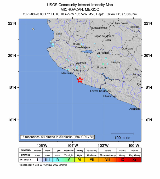 USGS DYFI community-reported intensity map for the M5.8 earthquake near 20 km S of La Placita de Morelos, Mexico