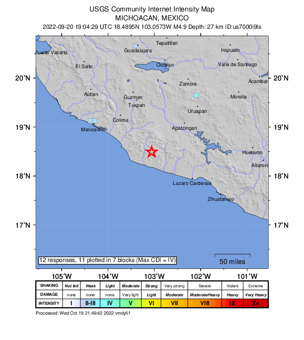 USGS DYFI community-reported intensity map for the M4.9 earthquake near 33 km SSE of Coalcomán de Vázquez Pallares, Mexico