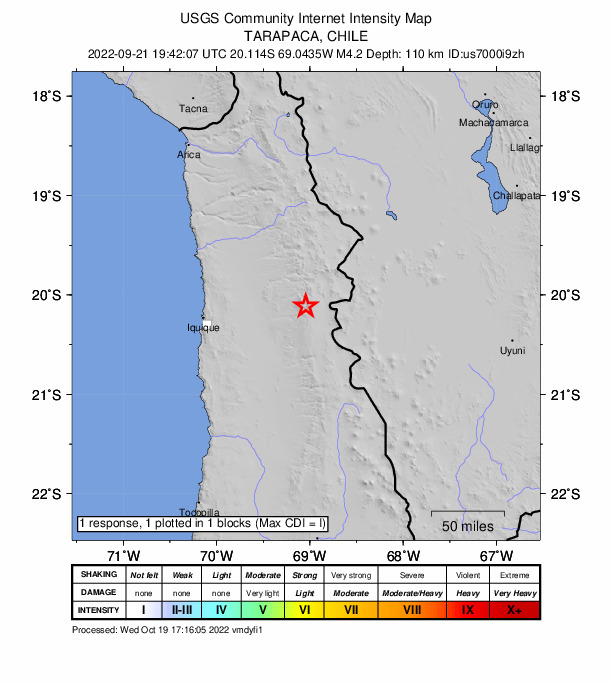 USGS DYFI community-reported intensity map for the M4.2 earthquake near 116 km E of Iquique, Chile