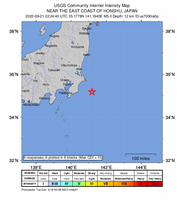 USGS DYFI community-reported intensity map for the M5.0 earthquake near 69 km SSE of Hasaki, Japan
