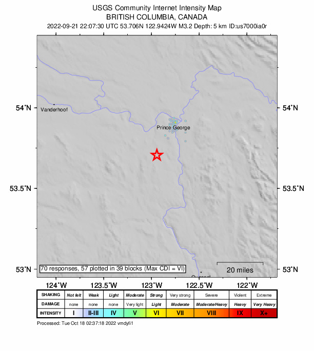 USGS DYFI community-reported intensity map for the M3.2 earthquake near 26 km SSW of Prince George, Canada