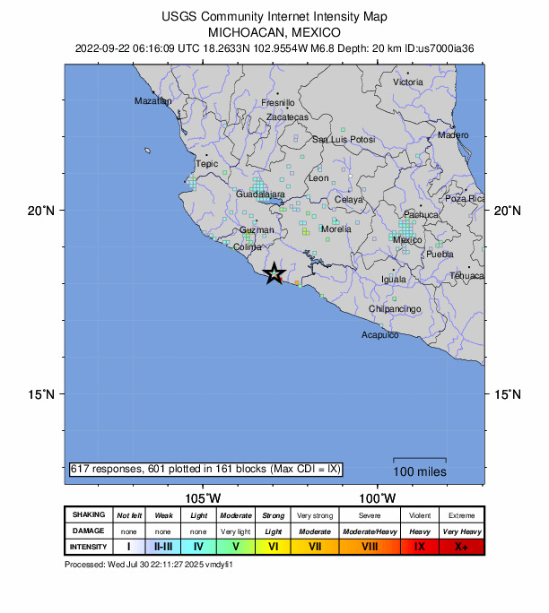 USGS DYFI community-reported intensity map for the M6.8 earthquake near 55 km SSW of Aguililla, Mexico