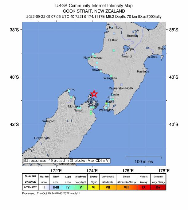 USGS DYFI community-reported intensity map for the M5.2 earthquake near 63 km N of Picton, New Zealand