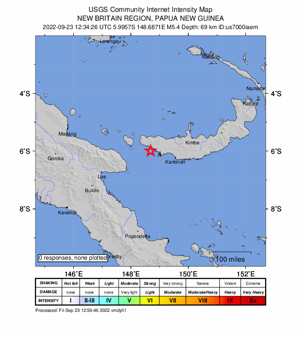 USGS DYFI community-reported intensity map for the M5.4 earthquake near 98 km WNW of Kandrian, Papua New Guinea