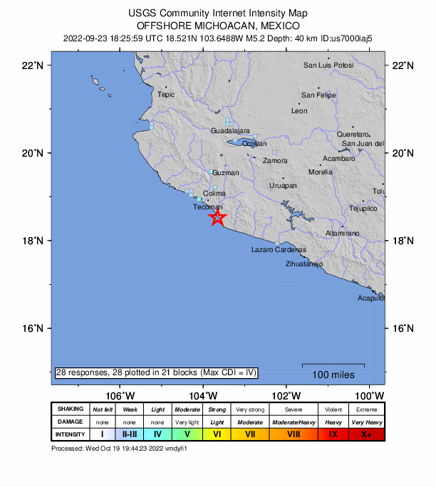 USGS DYFI community-reported intensity map for the M5.2 earthquake near 7 km WSW of La Placita de Morelos, Mexico