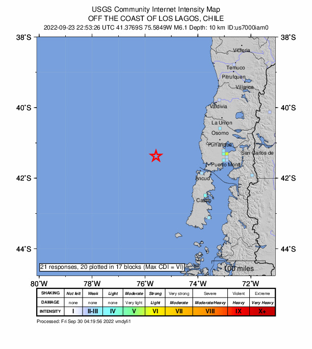 USGS DYFI community-reported intensity map for the M6.1 earthquake near 156 km WNW of Ancud, Chile