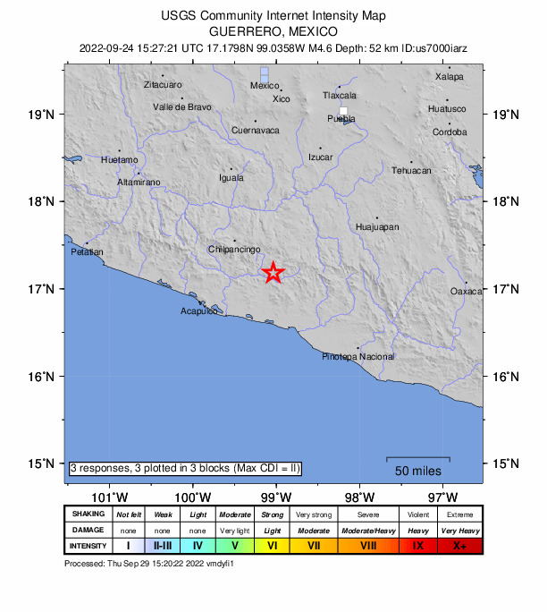 USGS DYFI community-reported intensity map for the M4.6 earthquake near 10 km NNE of San José la Hacienda, Mexico