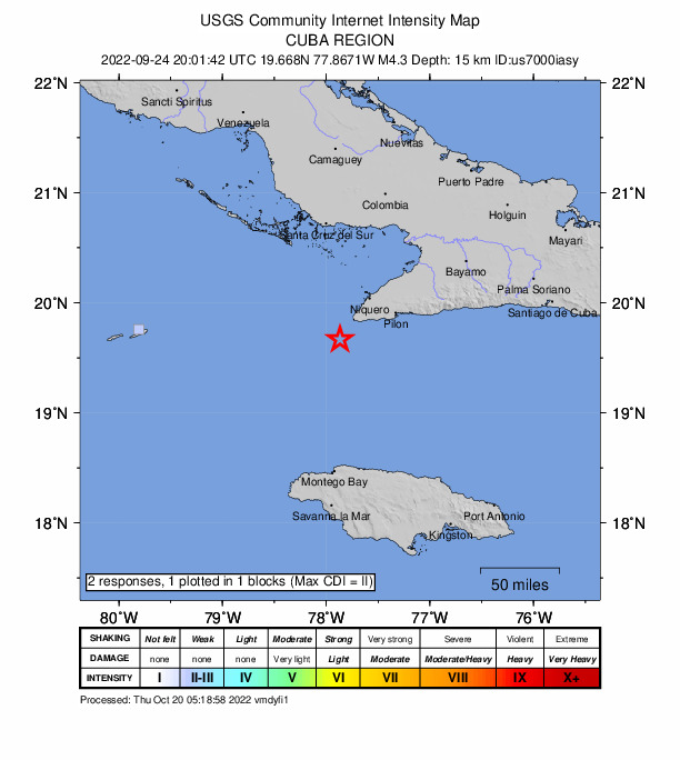 USGS DYFI community-reported intensity map for the M4.3 earthquake near 51 km SW of Niquero, Cuba
